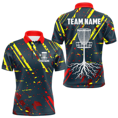 Maxcorners Blue, yellow and red background Mens Disc golf polo shirts Custom name disc golf clothing for team LM1506