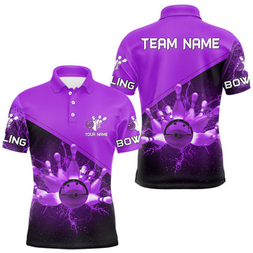 Maxcorners Men bowling polo, quarter zip shirts Custom purple lightning thunder Bowling Team Jersey Bowlers Gift LM1903