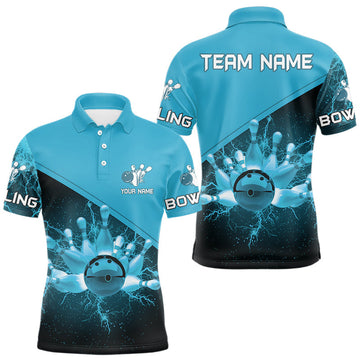 Maxcorners Men bowling polo, 1/4 zip shirts Custom light blue lightning thunder Bowling Team Jersey Bowlers Gift LM1903