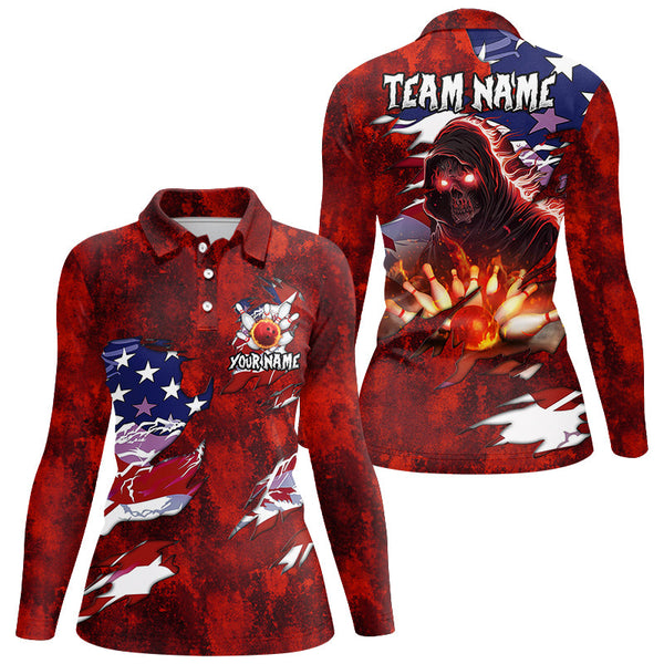 Maxcorners Personalized Red Grunge American flag Skull Bowling shirt for Women Custom Team's Name Bowler Jerseys