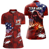 Maxcorners Personalized Red Grunge American flag Skull Bowling shirt for Women Custom Team's Name Bowler Jerseys