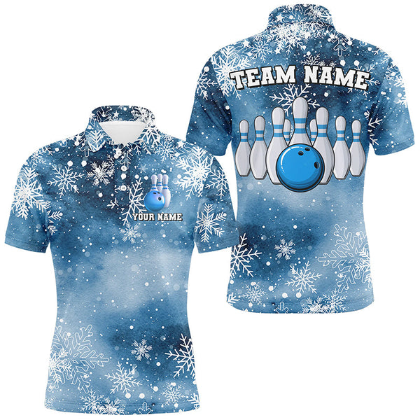 Maxcorners Blue Snowflake Christmas pattern Men's Bowling shirt Custom Christmas Team Bowling League Jersey