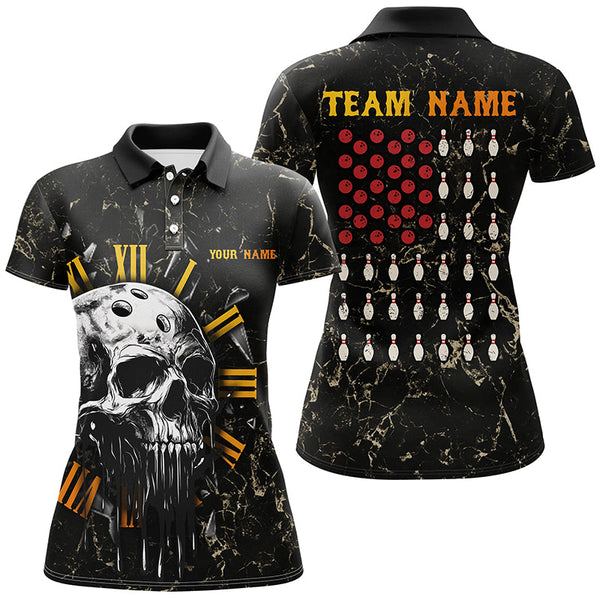 Maxcorners Bowling Skull Camo American Flag Customized Name, Team Name 3D Polo Shirt Unisex