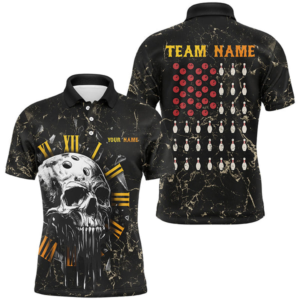 Maxcorners Bowling Skull Camo American Flag Customized Name, Team Name 3D Polo Shirt Unisex