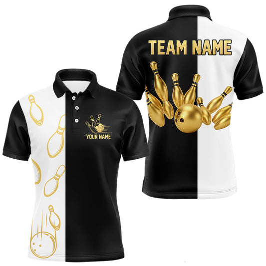 Maxcorners Black and white retro vintage Bowling polo, 1/4 Zip shirts for Men custom Bowling team jerseys | Gold LM1903