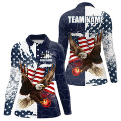 Maxcorners Red, White And Blue American Flag Eagle Bowling Shirts For Women Custom Patriotic Bowling Team Jersey