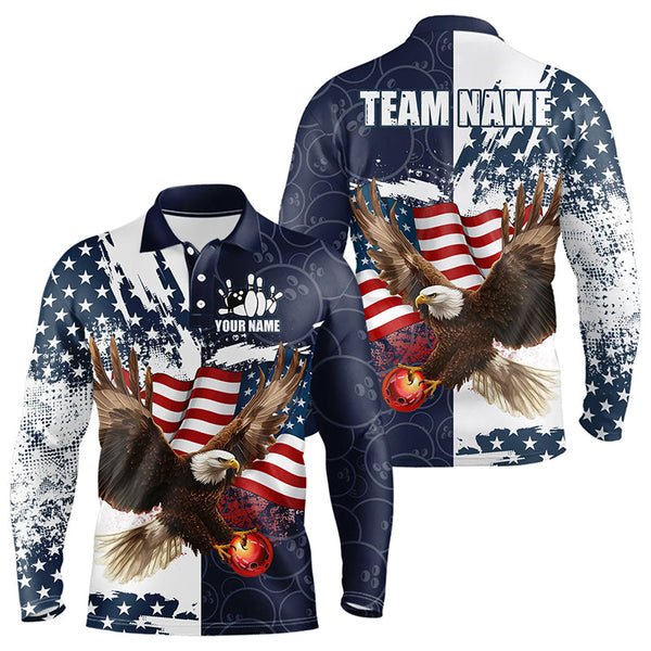 Maxcorners Red, White And Blue American Flag Eagle Bowling Shirts For Men Custom Patriotic Bowling Team Jersey