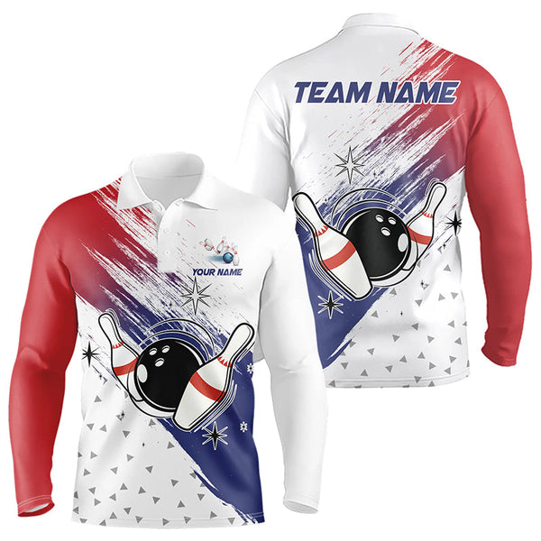 Maxcorners Red, White And Blue Bowling Polo, 1/4 Zip Shirts For Men Custom Bowling Team Jersey, Gift For Bowlers