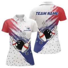 Maxcorners Red, White And Blue Bowling Polo, 1/4 Zip Shirts For Men Custom Bowling Team Jersey, Gift For Bowlers
