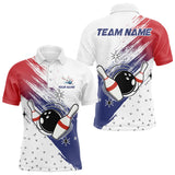 Maxcorners Red, White And Blue Bowling Polo, 1/4 Zip Shirts For Men Custom Bowling Team Jersey, Gift For Bowlers
