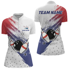 Maxcorners Red, White And Blue Bowling Polo, 1/4 Zip Shirts For Men Custom Bowling Team Jersey, Gift For Bowlers