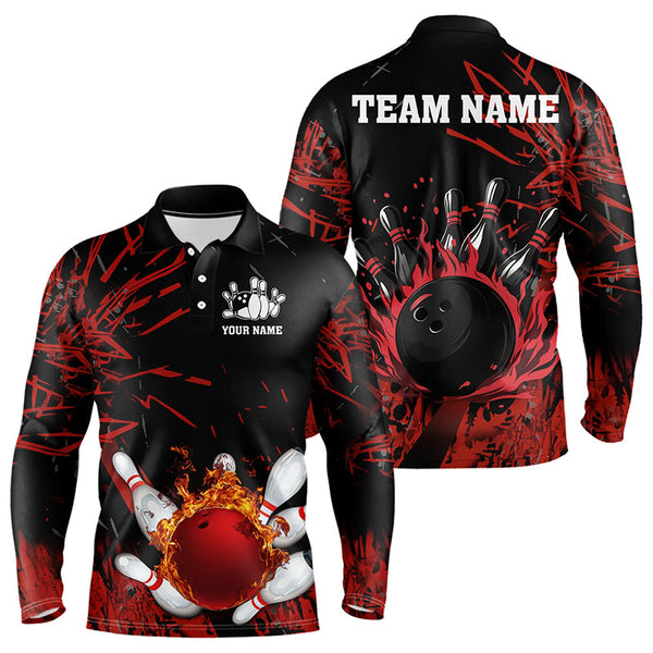 Maxcorners Black And Red Flame Bowling Polo Shirts For Men And Women Custom Team Mens Bowling Jersey
