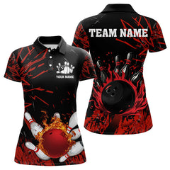 Maxcorners Black And Red Flame Bowling Polo Shirts For Men And Women Custom Team Mens Bowling Jersey