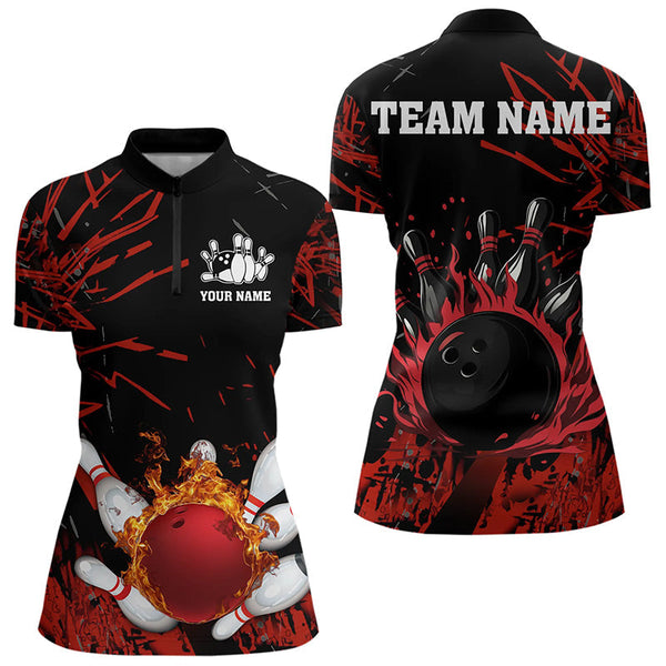 Maxcorners Black And Red Flame Bowling Polo Shirts For Men And Women Custom Team Mens Bowling Jersey