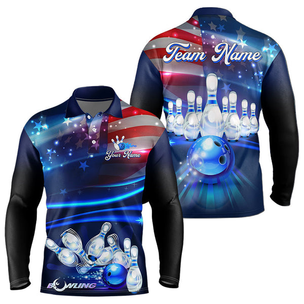Maxcorners Blue Light American Flag Mens And Women Bowling Polo, Quarter Zip Shirt Custom Patriotic Team Bowling Jersey