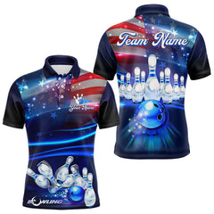 Maxcorners Blue Light American Flag Mens And Women Bowling Polo, Quarter Zip Shirt Custom Patriotic Team Bowling Jersey