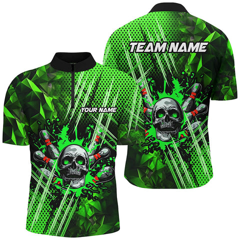 MaxCorners Bowling And Pins Green Pattern Skull Customized Name, Team Name 3D Stand Collar Zipper Polo Shirt For Men