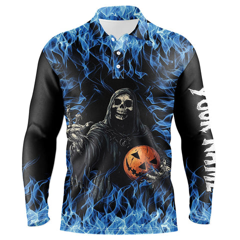 Maxcorners Bowling Ball And Pins Blue Flame Halloween Skull Customized Name, Team Name 3D Shirt