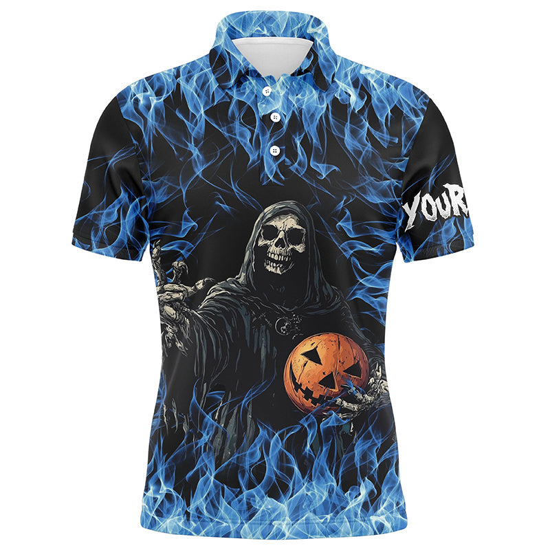 Maxcorners Bowling Ball And Pins Blue Flame Halloween Skull Customized Name, Team Name 3D Shirt