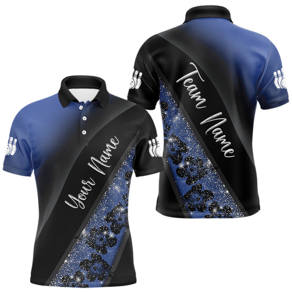 Maxcorners Black and Blue Glitter Flower Bowling Polo, Quarter Zip Shirt for Men Custom Bowling Team Jerseys  LM0803