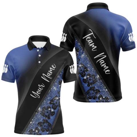 Maxcorners Black and Blue Glitter Flower Bowling Polo, Quarter Zip Shirt for Men Custom Bowling Team Jerseys  LM0803