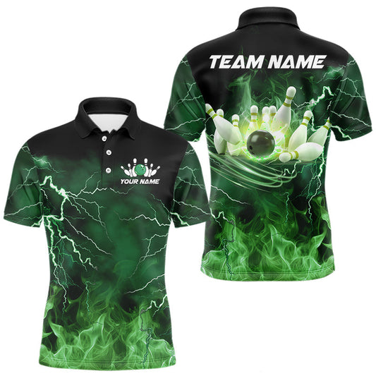 Maxcorners Mens bowling shirts Custom green lightning thunder flame Bowling Team Jersey, gift for team Bowlers LM1903