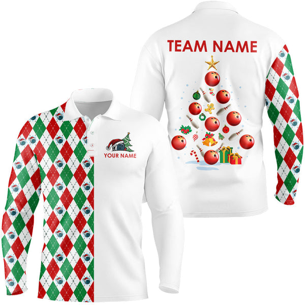 Maxcorners Red, Green and White argyle pattern Christmas tree Bowling Shirts for Men Custom Team Bowling jersey