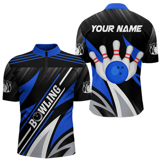 Maxcorners Black And Blue Bowling Polo, Quarter Zip Shirt For Men And Women Custom Team Bowling Jerseys, Gift For Bowlers