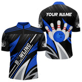 Maxcorners Black And Blue Bowling Polo, Quarter Zip Shirt For Men And Women Custom Team Bowling Jerseys, Gift For Bowlers
