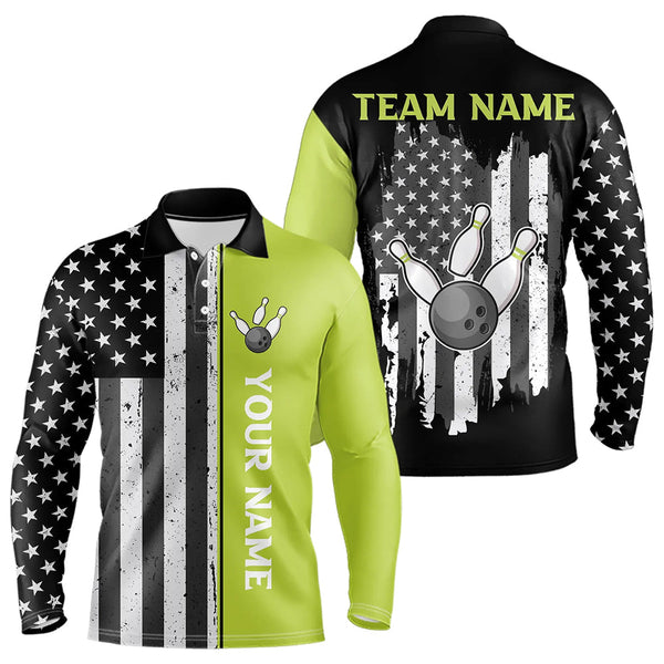 Maxcorners Black White Retro American Flag Bowling Shirts For Men Custom Patriotic Bowling Team Jersey | Green