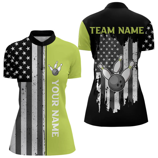 Maxcorners Black White Retro American Flag Bowling Shirts For Men Custom Patriotic Bowling Team Jersey | Green