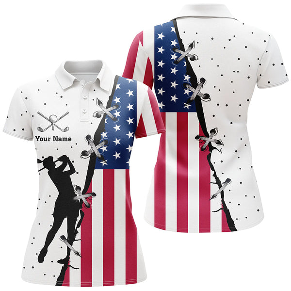 Max Corners American Flag Patriotic Golf Camo Pattern Customized Name 3D Golf Polo Shirt For Women