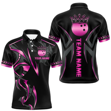 Maxcorners Black and Pink crown Bowling ball Polo, Quarter Zip Shirts for Men Custom Bowling Team jerseys