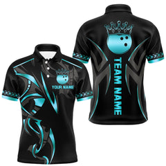 Maxcorners Black and Cyan Blue crown Bowling ball Polo, Quarter Zip Shirts for Men Custom Bowling Team jerseys LM1506