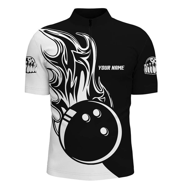 MaxCorners Bowling Ball And Pins Black And White Ball Fire Customized Name, Team Name 3D Stand Collar Zipper Polo Shirt