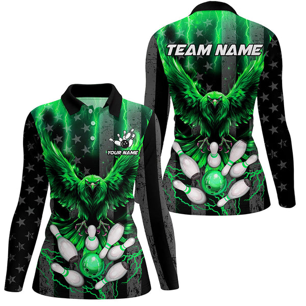 Maxcorners Black American flag Women bowling shirts Custom Green lightning thunder Eagle Bowling Team Jerseys