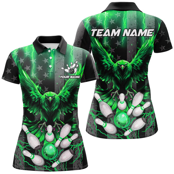 Maxcorners Black American flag Women bowling shirts Custom Green lightning thunder Eagle Bowling Team Jerseys