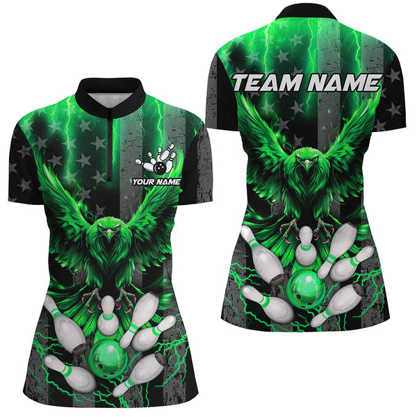 Maxcorners Black American flag Women bowling shirts Custom Green lightning thunder Eagle Bowling Team Jerseys