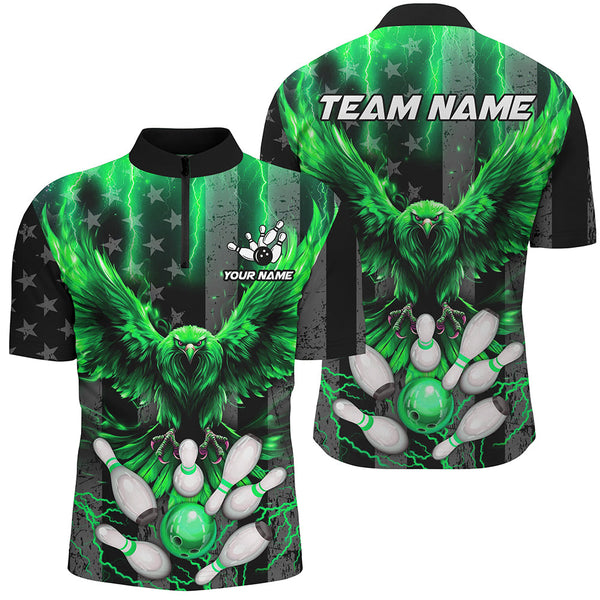 Maxcorners Black American flag Mens bowling shirts Custom Green lightning thunder Eagle Bowling Team Jerseys