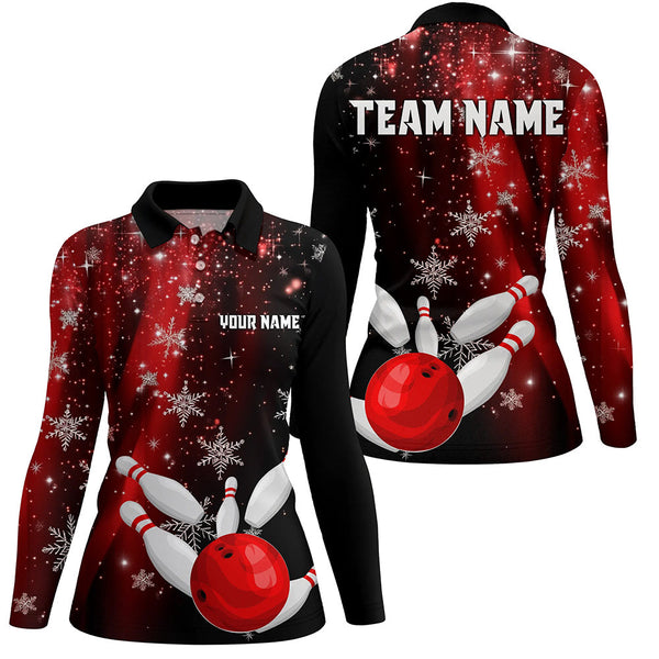 Maxcorners Red and Black Snowflake Christmas Bowling Shirts For Women Custom Bowling Team Jerseys Bowlers Outfit