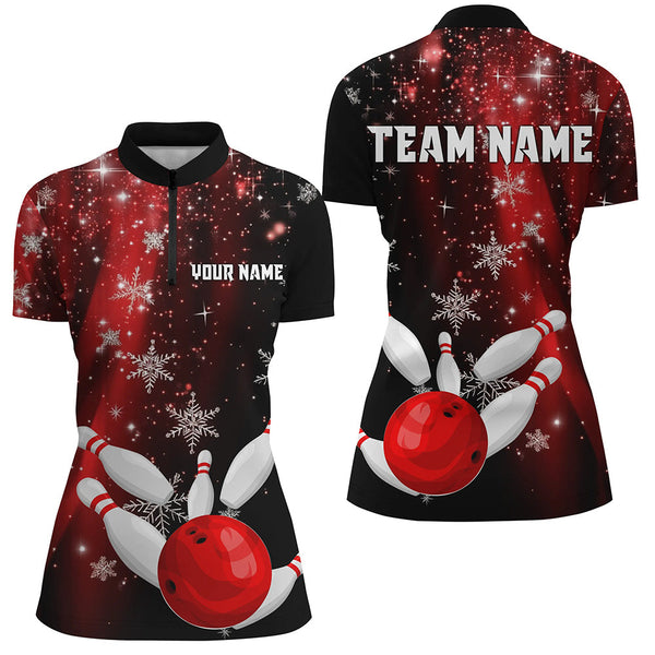 Maxcorners Red and Black Snowflake Christmas Bowling Shirts For Women Custom Bowling Team Jerseys Bowlers Outfit