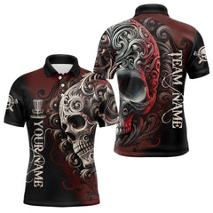 Maxcorners Red and Black Skull Scroll Mens Disc golf polo shirts custom name and team name disc golf jerseys MT0510