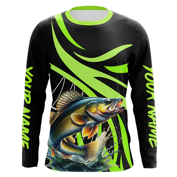 Maxcorners Personalized Walleye Long Sleeve Fishing Shirts, Walleye Tournament Fishing Jerseys | Green MT2108
