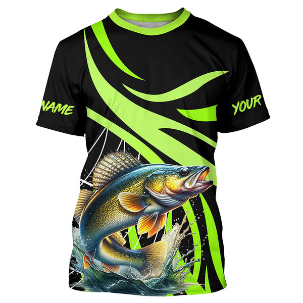 Maxcorners Personalized Walleye Long Sleeve Fishing Shirts, Walleye Tournament Fishing Jerseys | Green MT2108