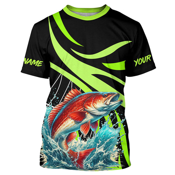Maxcorners Personalized Redfish puppy Long Sleeve Fishing Shirts, Red drum Tournament Fishing Jerseys | Green MT2108