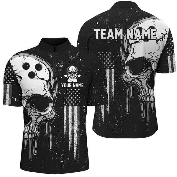 Maxcorners Personalized Black and White grunge American Flag Skull Bowling Team Shirts, Patriotic Bowling Jerseys