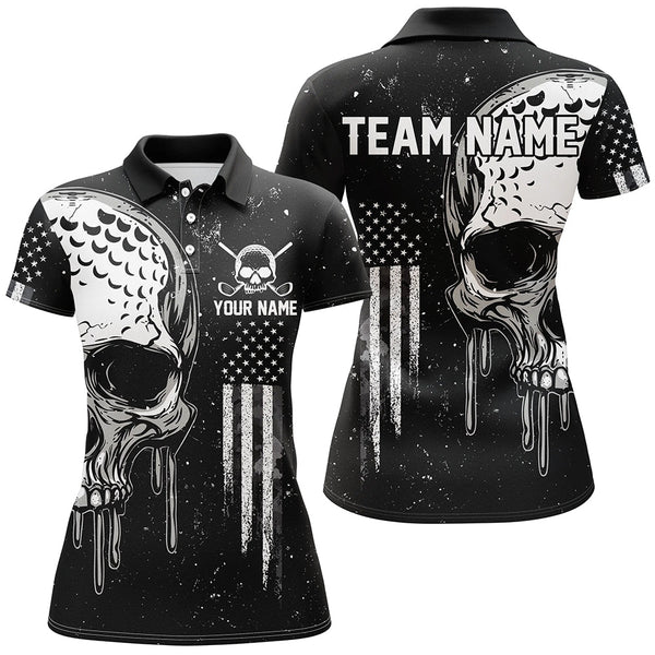 Maxcorners Golf Black And White American Flag Skull Customized Name 3D Shirt