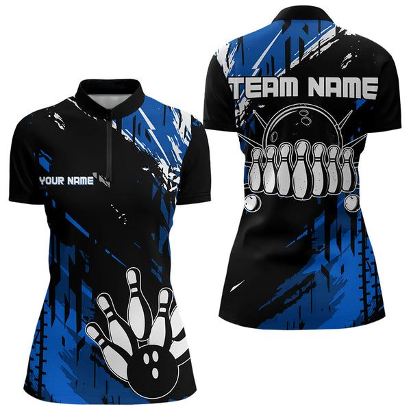Maxcorners Black And Blue Mens Bowling Shirts Custom Retro Bowling Ball And Pins Bowling Team League Jerseys