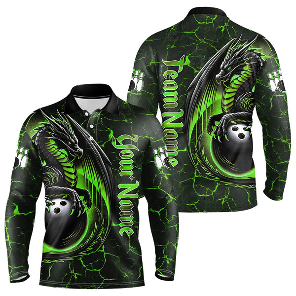 Maxcorners Black And Green Custom Dragon Bowling Shirts For Men, Dragon Bowling Team Shirts