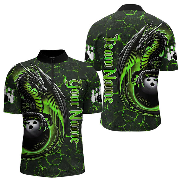 Maxcorners Black And Green Custom Dragon Bowling Shirts For Men, Dragon Bowling Team Shirts